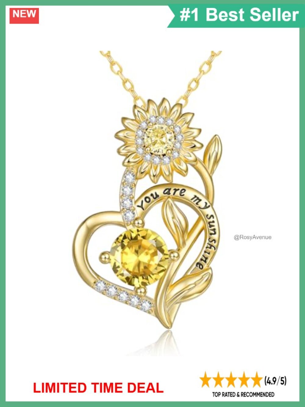 14k Gold Plated Heart Sunflower Birthstone Pendant Necklace Adjustable